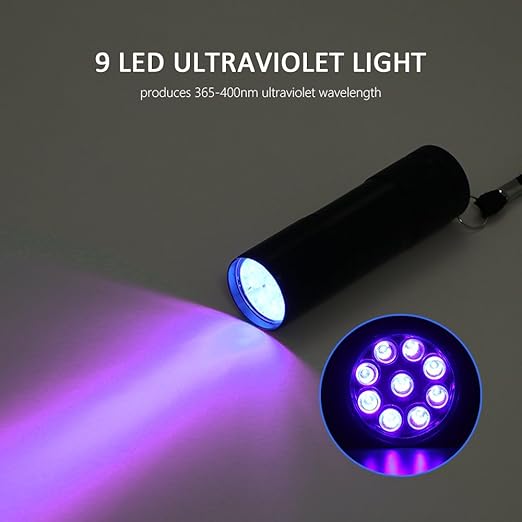 Linterna UV de aluminio, 9 LED 395 nm ultra violeta, detector de luz negra