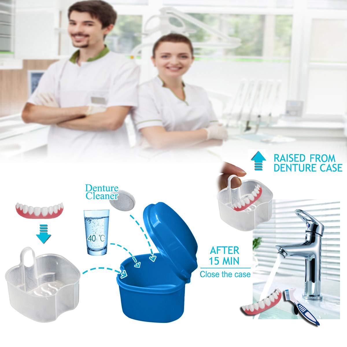 BRMDT Denture Cup & Denture Brush Portable Professional Cleaning Kit - Soaking Denture Bath with Strainer/Denture Case/Retainer Case, Cooperate with Cleaning Tablets for False Teeth Daily Cleaning : Beauty