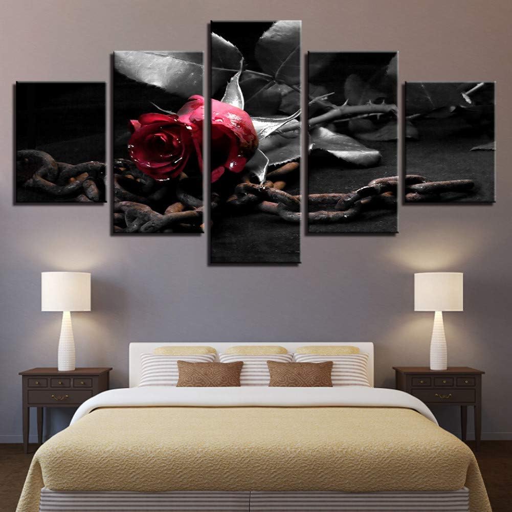 KGKBH 5 consecutive paintings Wall Art Modular Pictures Canvas Poster 5 Panel Retro Red Roses Flower Painting Landscape Home Decor HD Printed