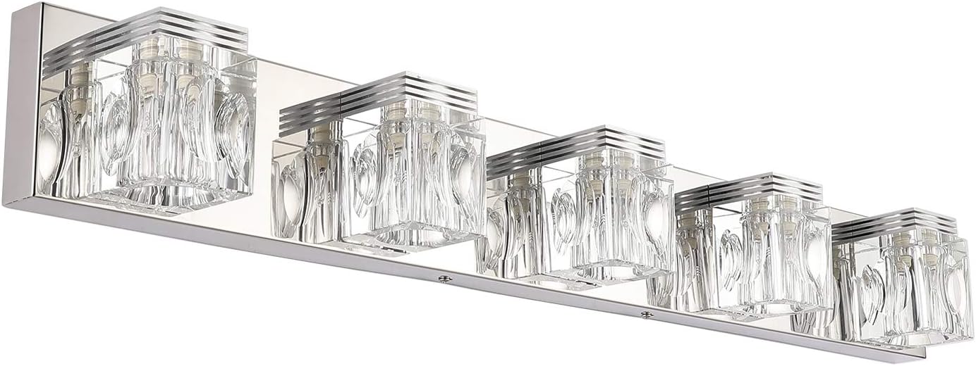 Modern 5 Light Bathroom Vanity Light Fixtures Over Mirror, 7Degobii Wall Sconces Lamp with Crystal Glass Shade Light Up Vanity Makeup Mirrors (G9 Bulb Excluded)
