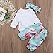 Newborn Baby Girls Floral Heart Peach Print Romper Long Pants With Bowknot Headband Outfit Set (0-6 Months), Blue