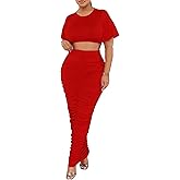 Euulin Women's 2 Piece Outfits Flare Sleeve Crop Tops Sexy Bodycon Jumpsuits Maxi Dresses Midi Ruched Skirt Sets