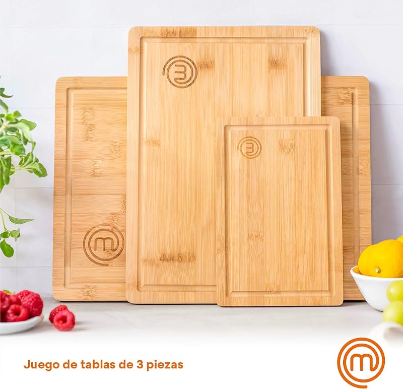 Tábuas de cortar MasterChef Kitchen, conjunto de 3 peças de tábua de bambu - 38x27,5 cm / 34x23,5 cm / 23x15 cm, ideais para cortar pão, fiambre, legumes e queijos, com slot para sumo