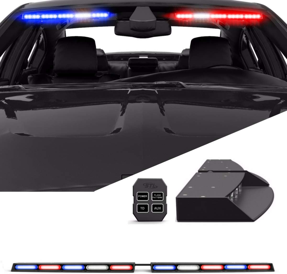 SpeedTech Lights Raptor TIR Upper Windshield Interior Split LED Strobe Visor Light Bar Emergency Lights for Vehicles and Police with Bracket and Control Box - Red/Blue Alternating