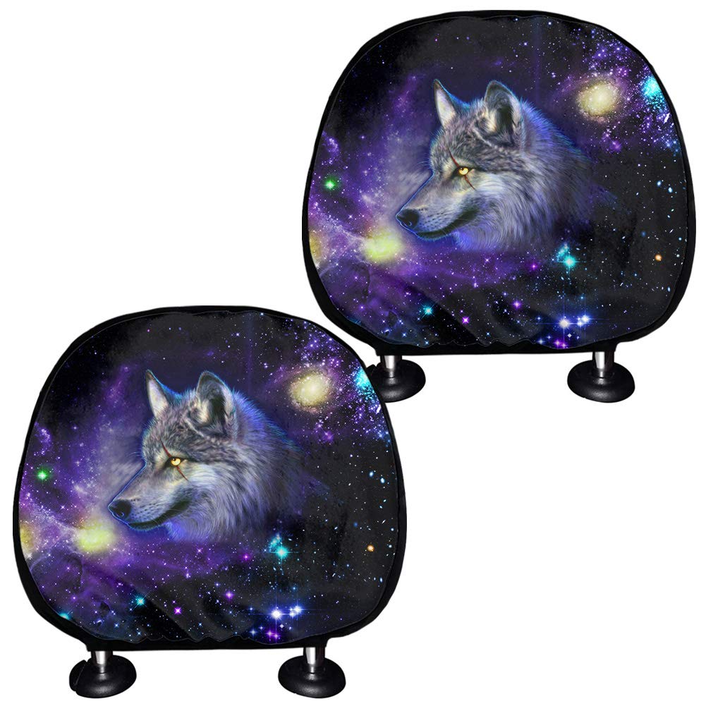 Coloranimal 2Piece Set Galaxy Wolf Car Seat Headrest Cover Universal Fit Most Cars,Trucks, Vans,Starry Night Wolves DesignAutomotibles Interior Protector Vehicle Headrest Covers Cushion Auto Mats