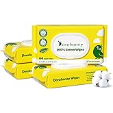 Dorahoney 100% USA Cotton Baby Wipes, 99% Purified Water Unscented Wet Wipes for Sensitive Skin, Hypoallergenic & Plastic-Free, 256 Count (4 Flip-Top Packs of 64)