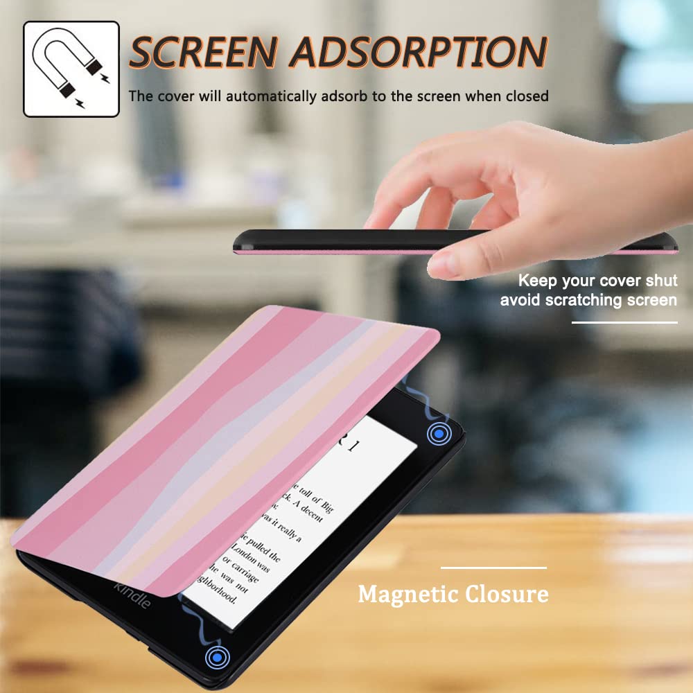 SCSVPN Case for 6.8'' Kindle Paperwhite 11th Generation & Signature Edition 2021 Release (Model NO. M2L3EK / M2L4EK), Slim PU Leather Smart Cover with Hand Strap and Auto Sleep/Wake (Colorful Pink)