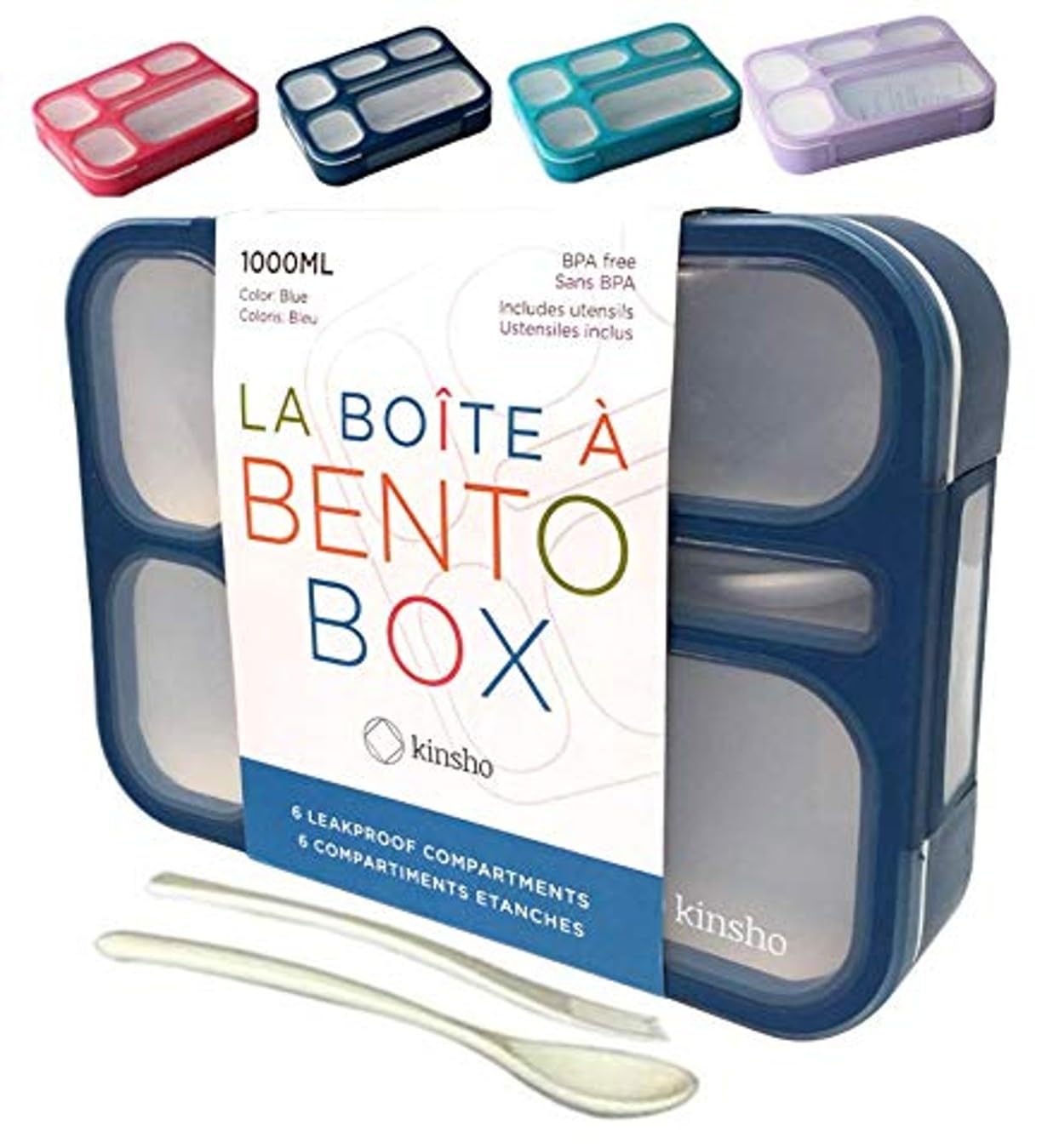 KINSHO Lunch Box Bento Box | Reusable Lunch-Boxes for Kids Adults Boys Girls with Compartments | Containers Snack Dividers for School Children | BPA-Free Plastic, Utensils | Navy Blue