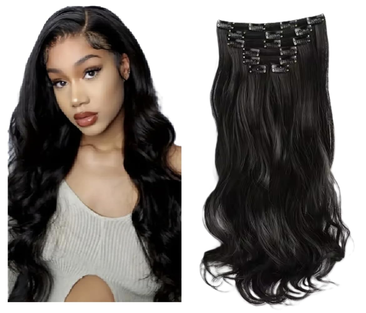 Clip In Human Hair Synthetic Full Head Hair Extension Highlights Streaks (Natural Black, Curly)