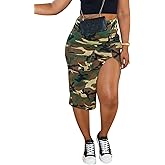 Vakkest Women's Camo Cargo Midi Skirt Elegant High Waist Vintage Dress Slit Front Ruffle Long Bodycon Maxi Skirts
