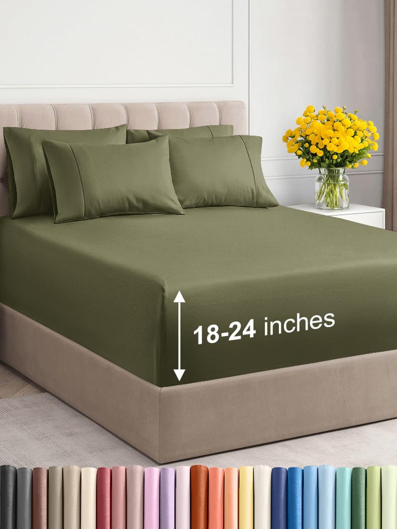 Photo 1 of Extra Deep Cal King Sheet Set - 6 Piece Breathable and Cooling Sheets - Hotel Luxury Bed Sheets Set - Easy Fit - Soft, Wrinkle Free and Comfy Sheets Set - Sage Green Sheet Set with Extra Deep Pockets