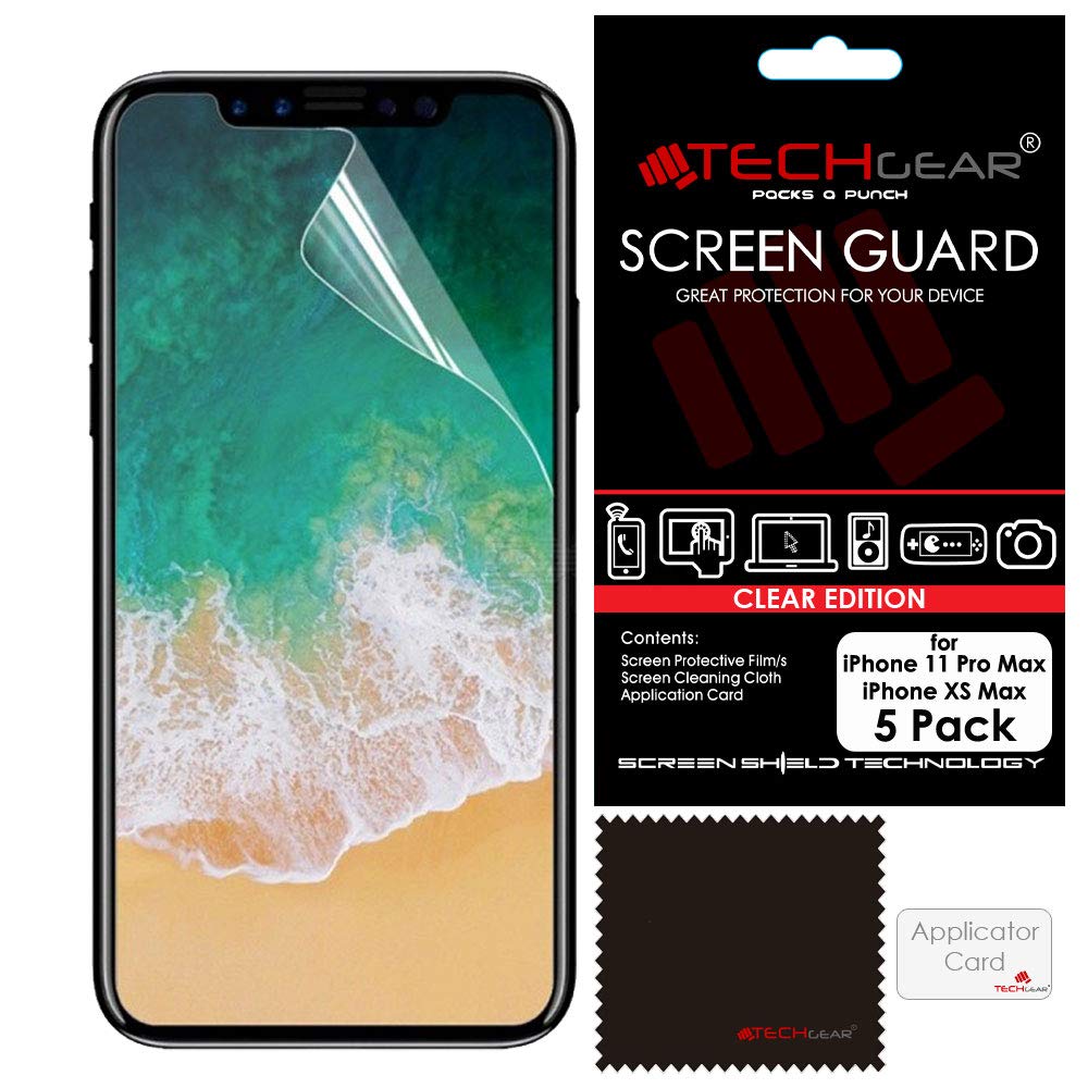 TECHGEAR 5 Pack Screen Protectors for iPhone 11 Pro Max, iPhone XS Max - Clear Lcd Screen Protector Guard Covers with Cloth & Application Card