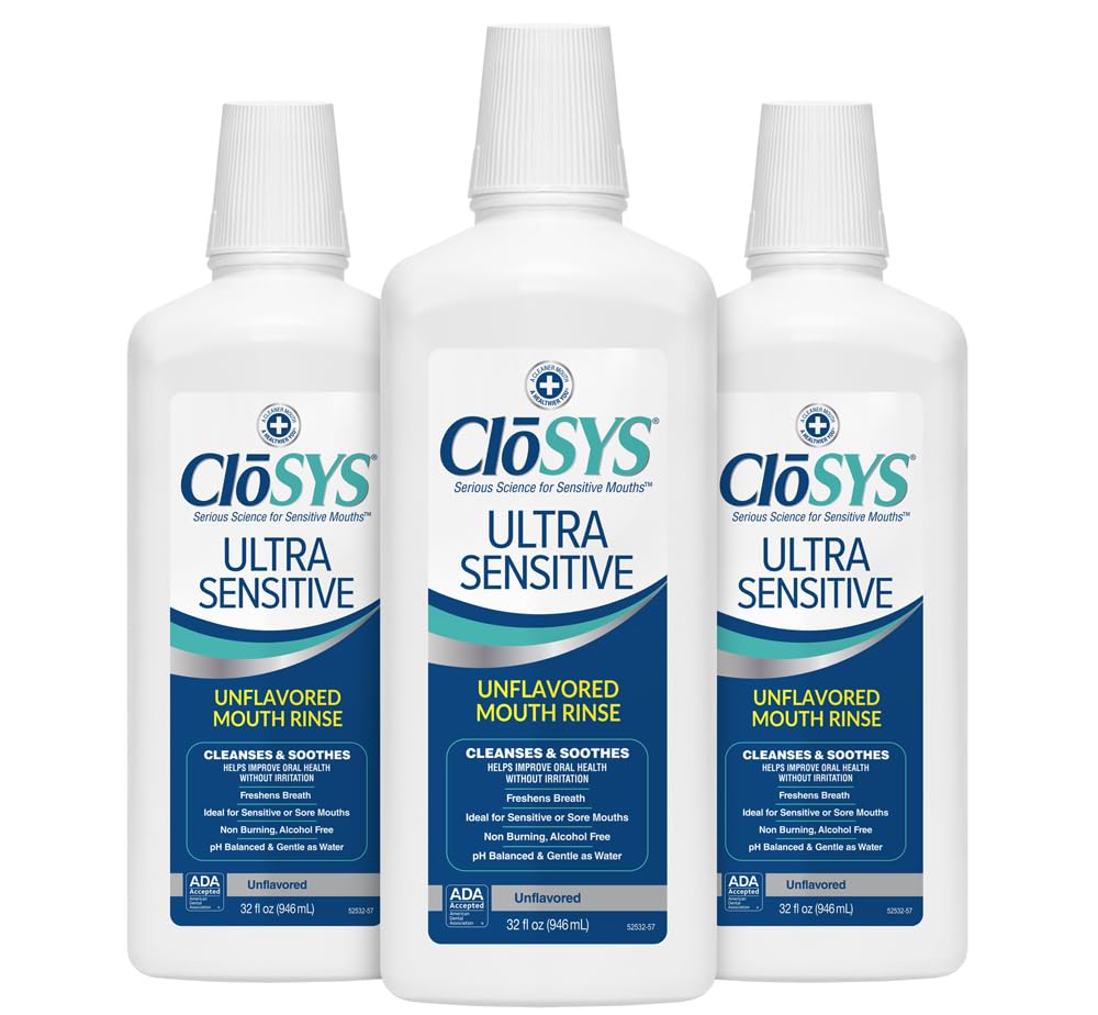 Photo 1 of CloSYS Ultra Sensitive Mouthwash, Unflavored Alcohol Free, Dye Free, pH Balanced, Helps Soothe Entire Mouth - 32 Oz (Pack of 3)