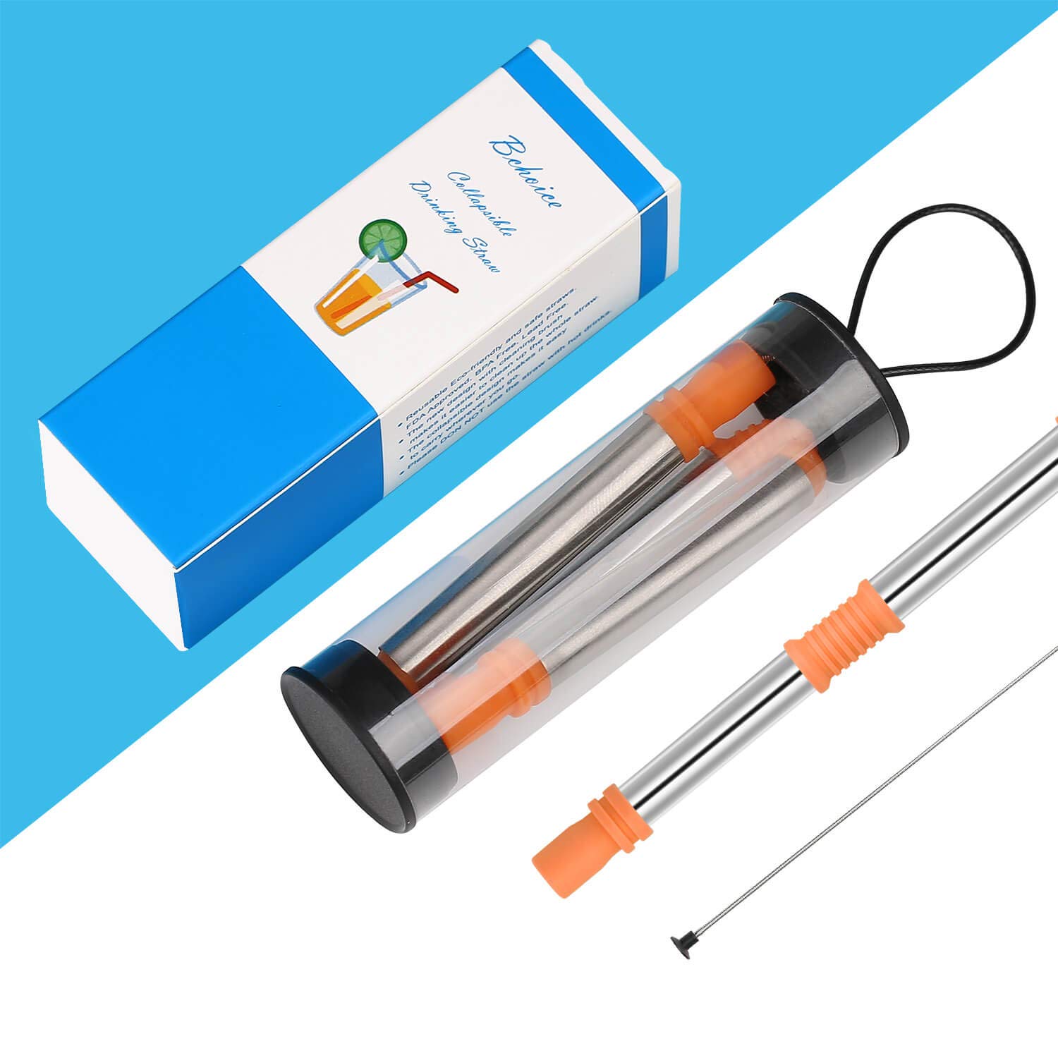 Bchoice Reusable Drinking Straws Collapsible Stainless Steel Silicone Straws Kids Straw Foldable Portable Straws with Case and Cleaning Brush for Party, Travel, Household, Office and Outdoor, Orange