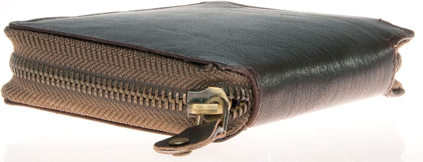 FLW Small Strong Oiled Genuine Leather Wallet With Metal Zipper Around Without Logos, Brown - Image 3