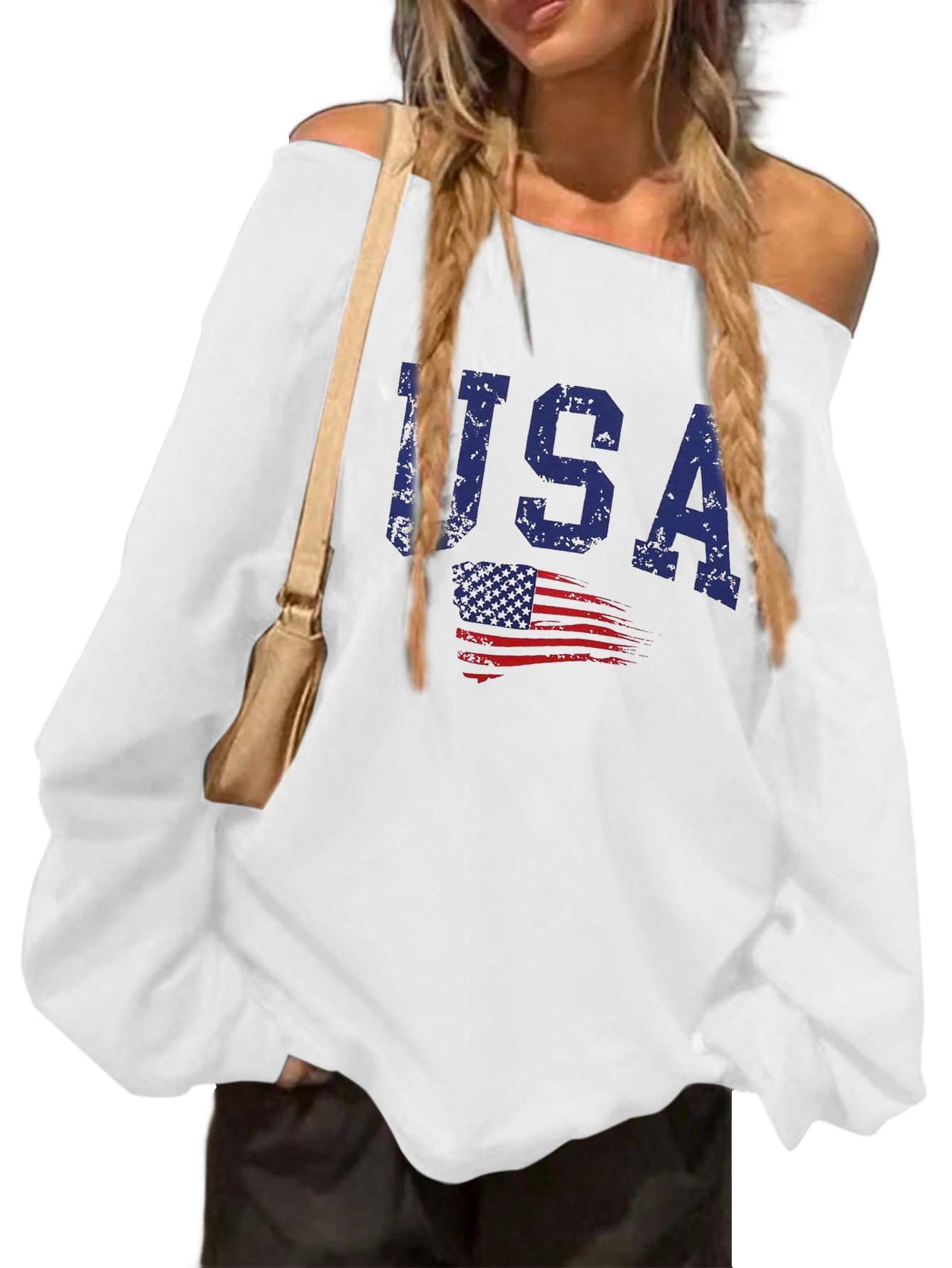 Photo 1 of Avanova Women USA Graphic Off Shoulder Sweatshirt Boat Neck Long Sleeve Oversized Pullover Shirt White A Medium