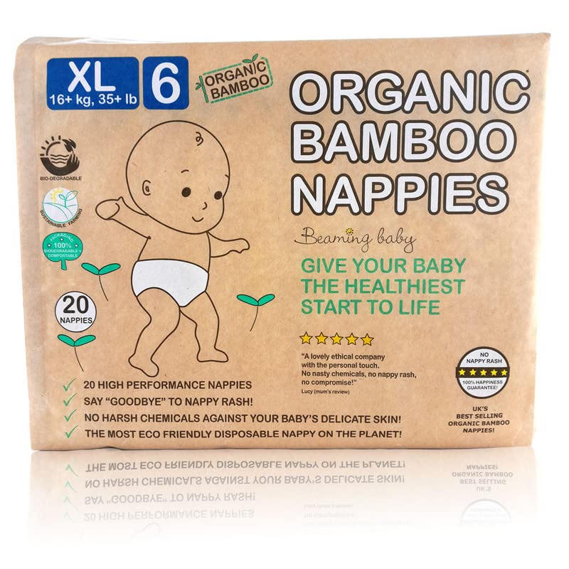 Beaming Baby Organic Bamboo Eco Nappies XL Size 6 (16+ kg + / 35+ lb) - 20 in Pack. Biodegradable, Hypoallergenic, No Nappy Rash, Recyclable Paper Packaging