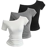 WDIRARA Women's 3 Pack Off The Shoulder T Shirts Ruched Short Sleeve Tee Asymmetrical Neck Fitted Tops