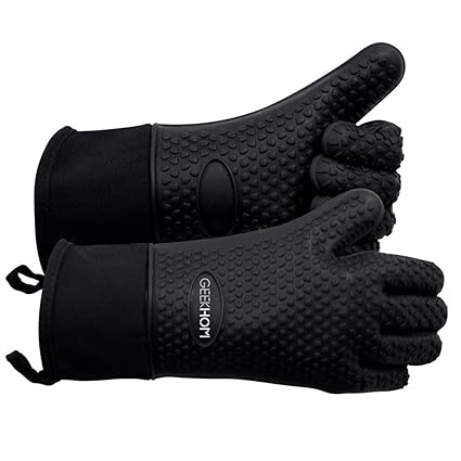 Fashlady GEEKHOM Oven Mitts, Heat Resistant BBQ Gloves, Waterproof Silicone Gloves Kitchen Non-slip Potholder with Extended Protection, Internal Cotton Layer for Barbecue, Cooking, Baking (Black)