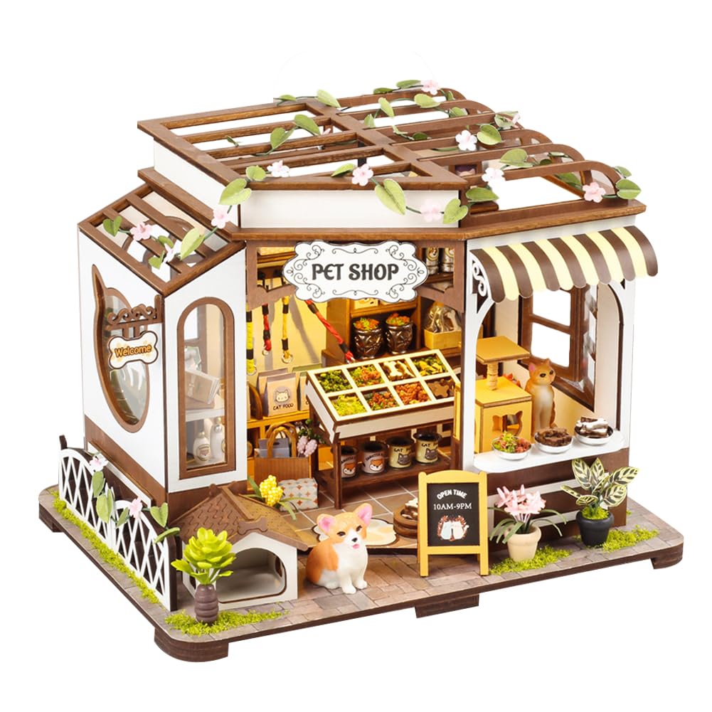 DIY Dollhouse Miniature Kit 1:24 Scale Model With Furniture LED Lights Wooden Puzzle Hands Craft for Adults Teens Kid Birthday Gifts (Pet Shop) — image 1