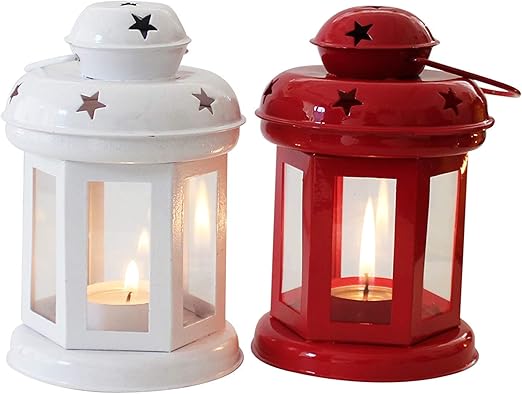 Amazon Com Nobility Set Of 2 White And Red Lantern Tealight Candle Holder With Tea Light Candle For Wall Hanging Living Room Table Home Decor Indoor Outdoor Decorations Home Kitchen