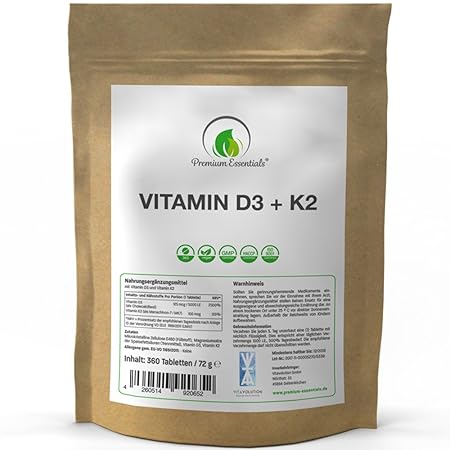 Vitamin D3 + K2 (MK-7) 5.000 IE + 100 MCG, 360 hochdosierte Tabletten (vegan), Knochenstoffwechsel + Muskelfunktion, hergeste