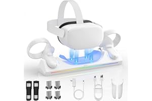 Rewguy Charging Dock for Oculus Quest 2, VR Charging Station with LED Linght for Meta Quest 2 (Support Elite Strap with Battery), with 2 Rechargeable 2100mAh Batteries, USB-C Charger and Cable