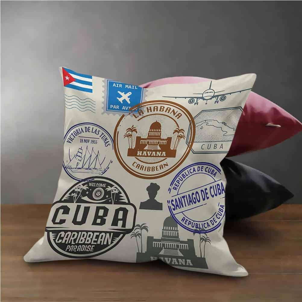 HouseLook Havana Square Throw Pillow Cover Travel Concept Passport Stamp Design of Cuban Cities and Landmarks Pillowcase Protecter with Zipper Cobalt Blue Grey and Dimgrey (12"x12")