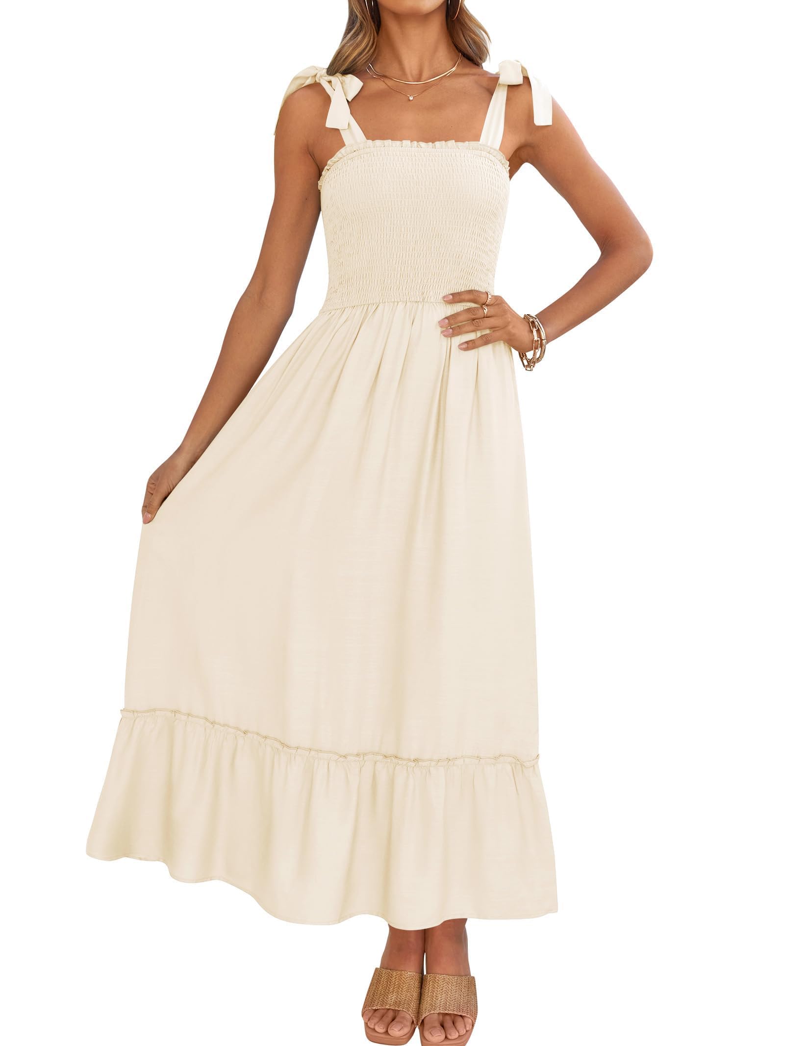 Photo 1 of (medium) (bagged) (used/fair) ZESICA Women's 2025 Summer Boho Spaghetti Strap Square Neck Solid Color Ruffle A Line Beach Long Maxi Dress,Apricot,Medium