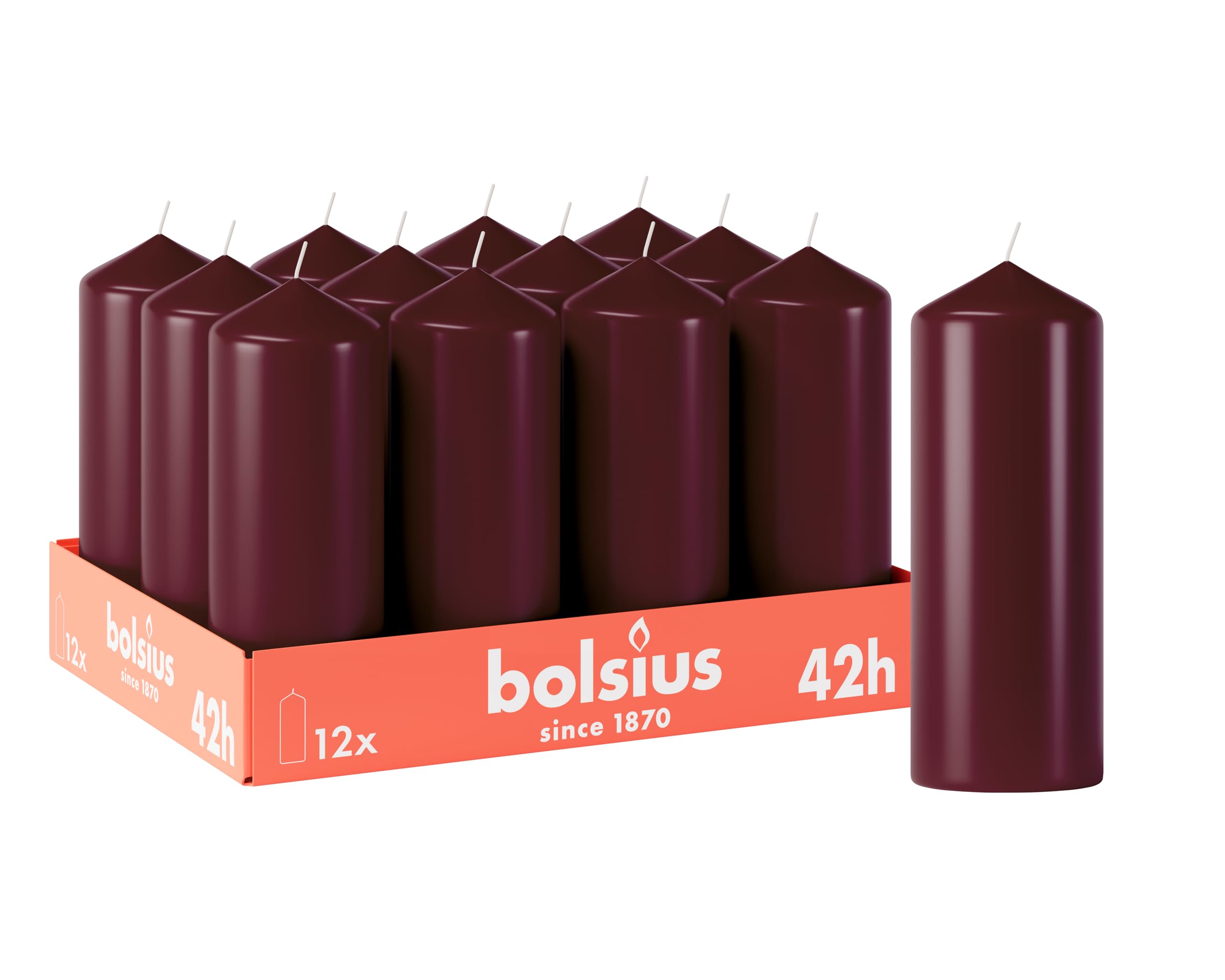 Bolsius Smooth Pillar Candles - Burgundy - Pack of 12-5.9″ × 2.4″ - Decorative Household Candles - Burning Time 42 Hours - Unscented - Contains Natural Plant Wax - Without Palm Oil