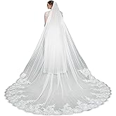 Amooteak Wedding Veil 1 Tier Cathedral Length long Lace Sequins Bridal Veil with Metal Comb