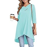 Naggoo Womens Long Shirts for Leggings 3/4 Sleeve Tunic Tops Loose Fit Dressy Casual V Neck High Low Tops Button Decor
