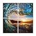 Pyradecor Gorgeous Waves Canvas Prints Wall Art Sunset Ocean Sea Beach Pictures Paintings for Bedroom Home Decorations 4 Panels Modern Stretched and Framed Contemporary Seascape Giclee Artwork