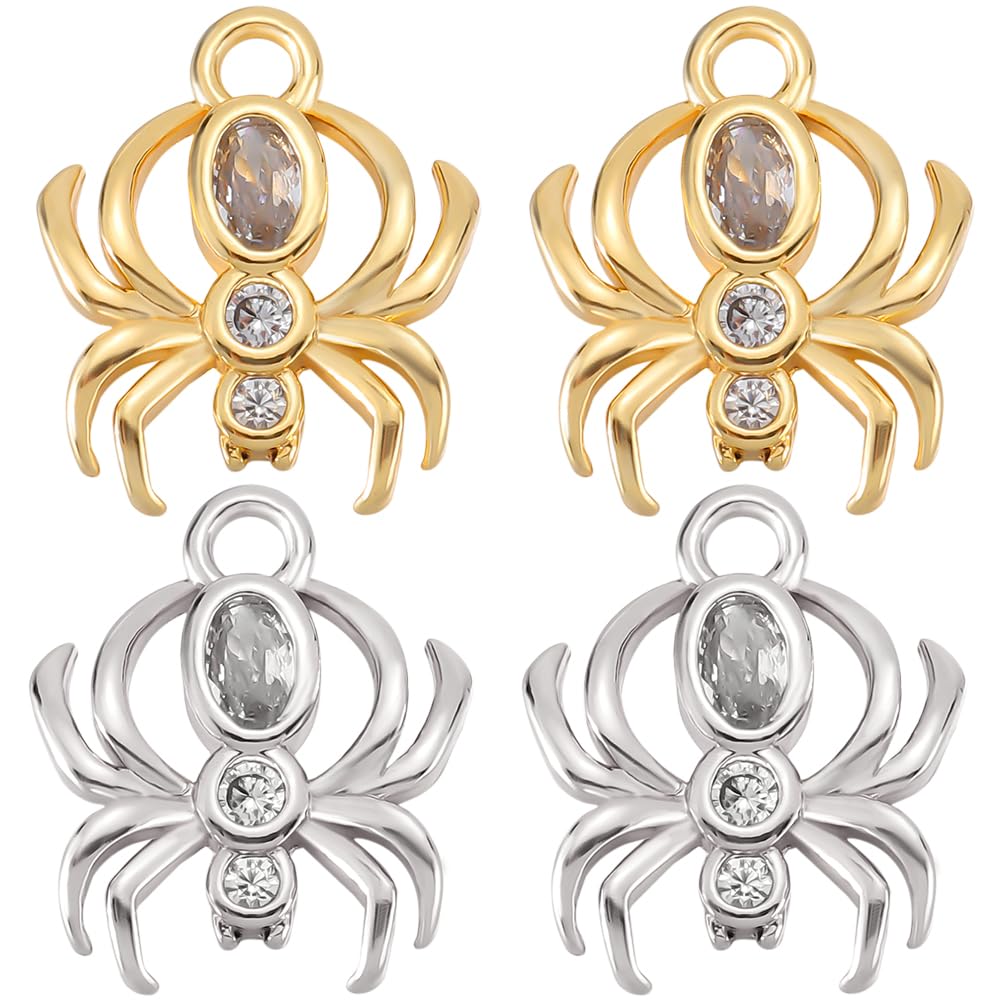 Beebeecraft 1 Box 10Pcs Spider Charm Real 18K Gold & Platinum Plated Insect Charms with Cubic Zirconia Spider Animal Dangle Pendants Findings for Jewelry Making DIY Halloween's Gifts