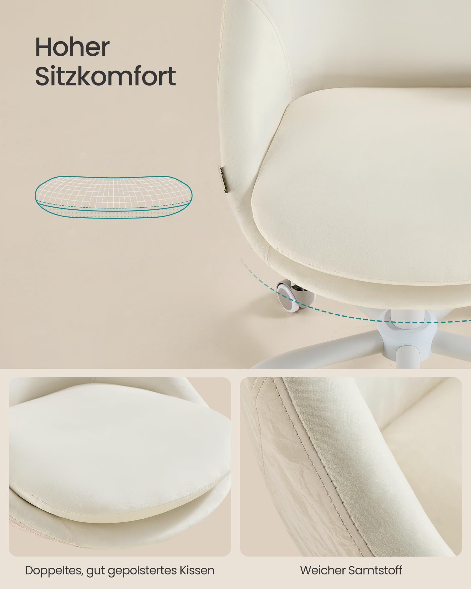 SONGMICS Homeoffice-Stuhl, Schminkstuhl mit Samt-Vorderseite, Schreibtischstuhl, Schaumstoffpolsterung, höhenverstellbar, für Arbeitszimmer, Schlafzimmer, cremeweiß OBG020WD01 4