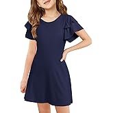 Haloumoning Girls Ruffle Sleeve Dresses Kids Summer Crewneck A Line Casual Dress 5-14 Years