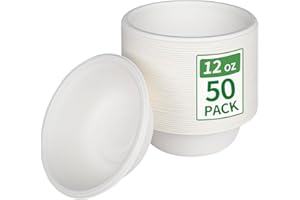 Aricsen Compostable 12 Ounce 50 Pack Disposable Round Paper Bowls, PFAS-Free, Eco-Friendly, Biodegradable Bagasse For Hot Soup Food Salad Dinner Party (50, 12 OZ)