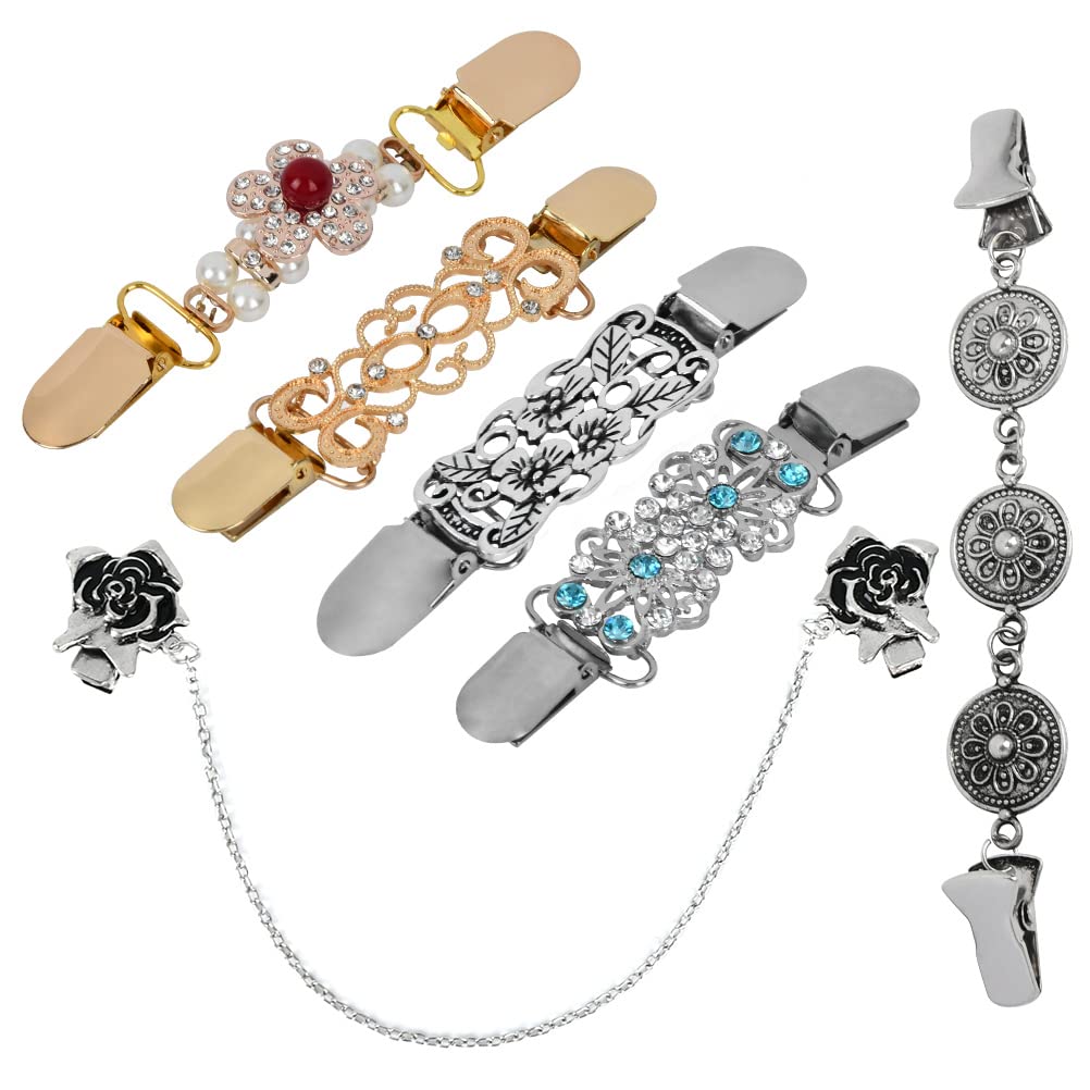 FOROREH 6PCS Sweater Clip, 6 Styles Vintage Retro Cardigan Clip,Gold & Silver Sweater Clips, Vintage Sweater Shawl Clips for Women Ladies Cardigan Dresses Jacket