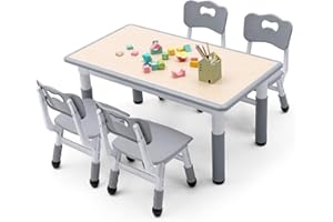 UNICOO Kids Table and Chairs Set, Height Adjustable Multi-Activity Preschool Table with Graffiti Desktop for Ages 2-8 - Versatile Kids Tables for Play, Learning, and Creativity(Maple Top/Gray Border)