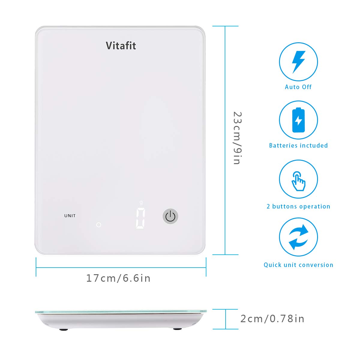 Vitafit Bilance da Cucina Digitale,Grande Capacità 10 kg/Alta Precisione 1g,Bilancia Pesa Alimenti con Piattaforma in Vetro Temperato e Display a LED, Design Ultra Sottile, Bianco Elegante