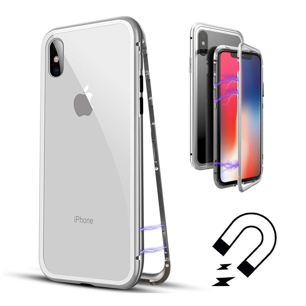 iPhone X Case,Tophie Slim Fit Ultra-Thin Case Lightweight, [Magnetic Adsorption Technology] [Metal Frame] [Clear Tempered Glass Back] [Support Wireless Charging] for iPhone