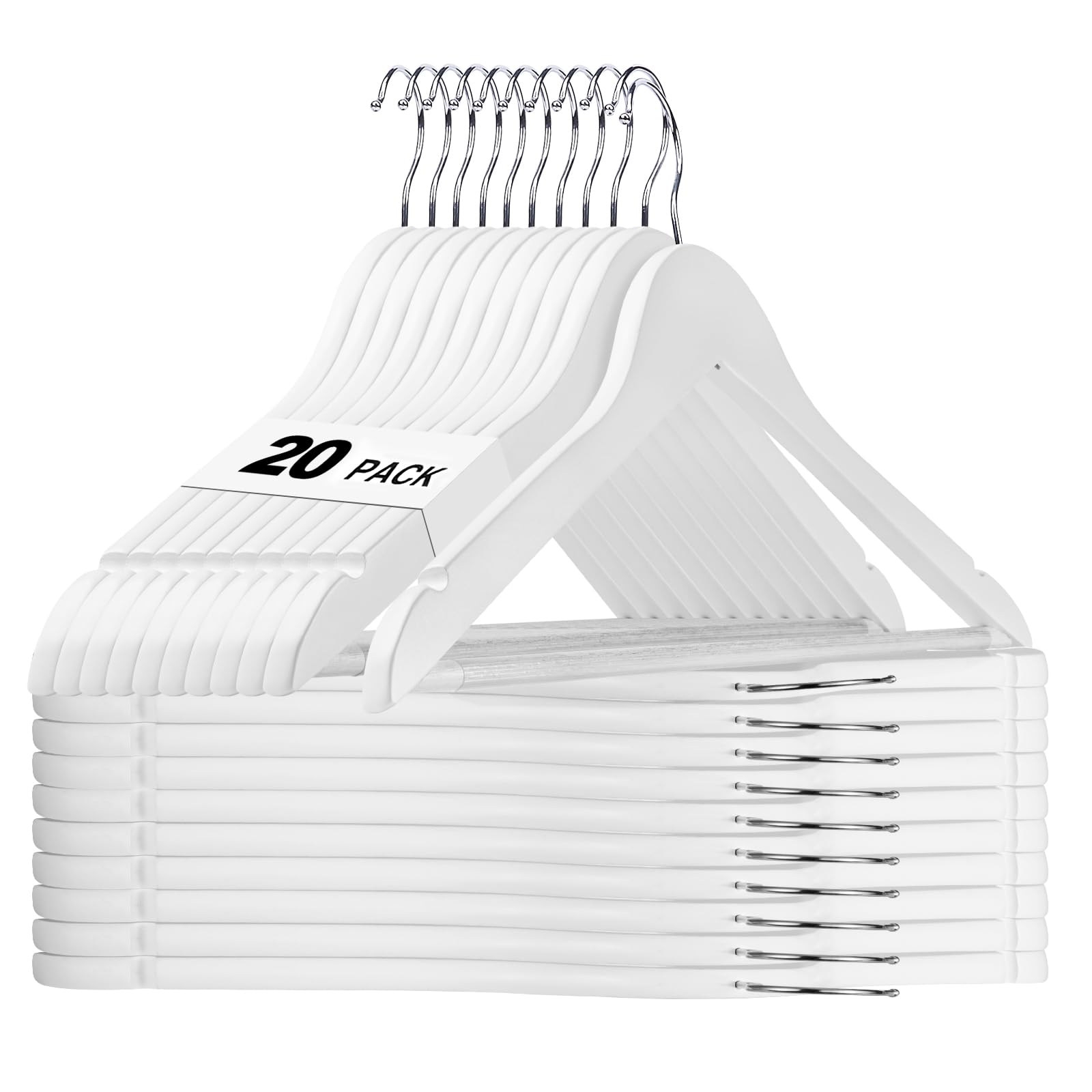 Photo 1 of HOUSE DAY White Wooden Hangers 20 Pack, Solid Wood Hanger with Non Slip Pant Bar, Heavy Duty Wooden Coat Hanger for Closet, Smooth Finish Wood Clothes Hangers for Shirts, Suits Jackets, Dress