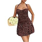 Verdusa Women's Polka Dots Bubble Dress Y2K Ruched Tie Back Mini Halter Dresses