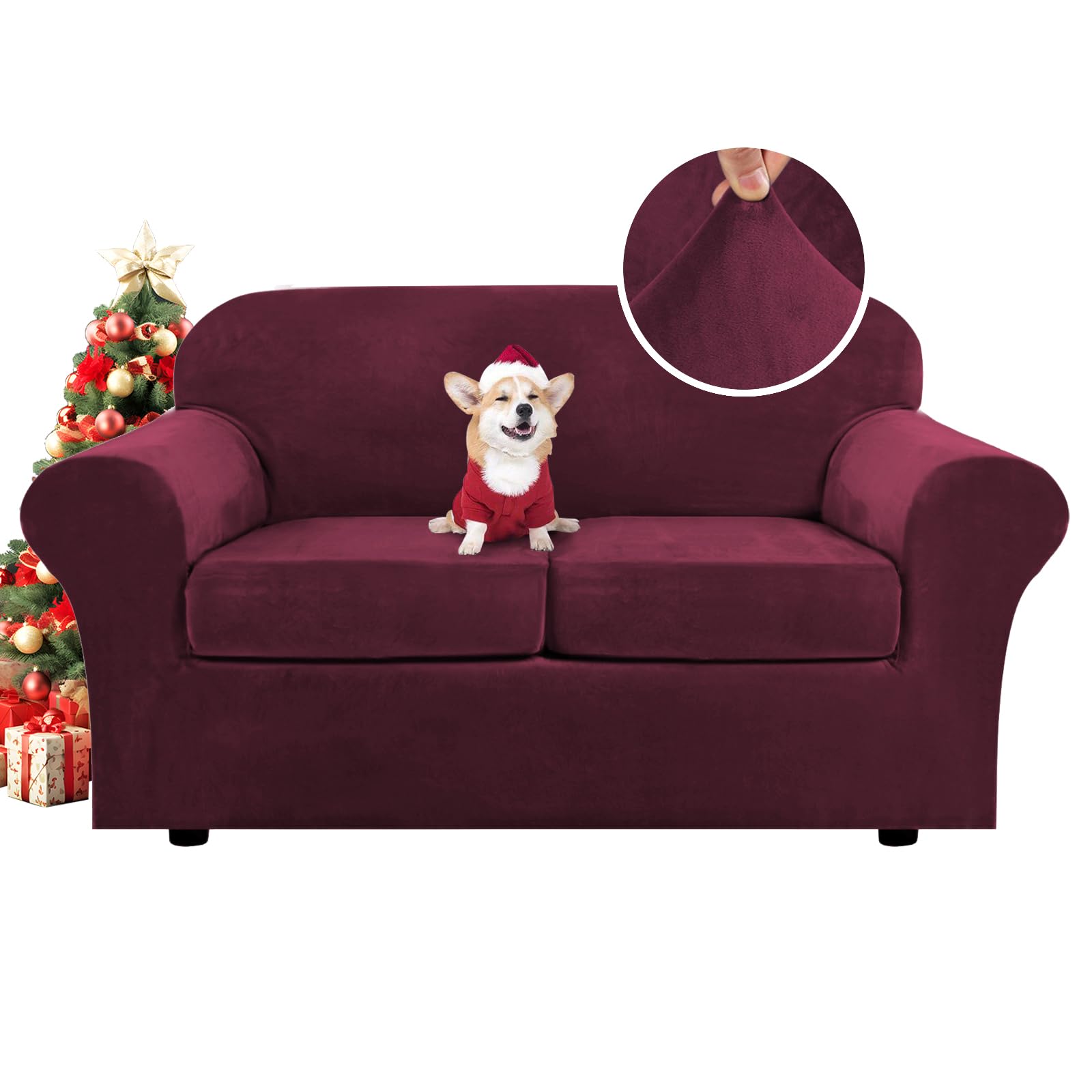 Photo 1 of H.VERSAILTEX Real Velvet Plush 3 Piece Stretch Sofa Covers Couch Covers for 2 Cushion Couch Loveseat Covers Width Up to 72 Inch Feature Thick Soft Stay in Place (Medium Sofa, Burgundy)