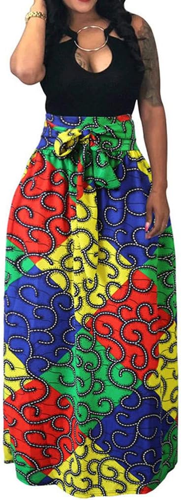 NREALY Falda Womens High Waist Printed Swing Long African Leated Beach Skirt