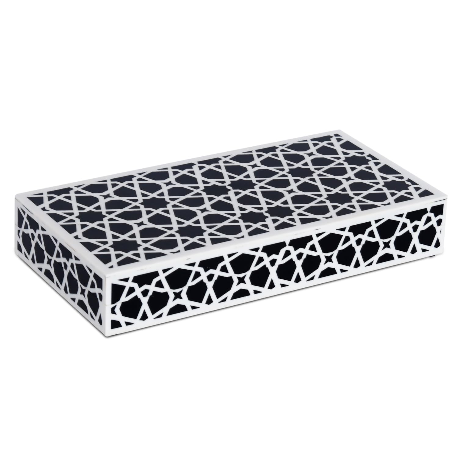 Handicrafts Home Large Decorative Storage Box with Lid, Black and White Moroccan Zellij Coffee Table Storage Box, Remote Control Holder, Keepsake Box for Living Room & Shelf Decor, Zellij 12 x 6 x 2