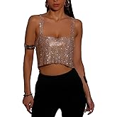 Women Rhinestones Tank Top, Sparkly Deep V Backless Top Hanging Neck Metal Chain, Sleeveless Club Party Clubwear