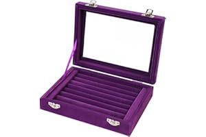 EONGOA Jewelry Box Rings Organizer Tray 7 Slots Velvet Jewelry Earring Storage Box With Transparent Lid Jewelry Display Case for Girls Women (Purple)