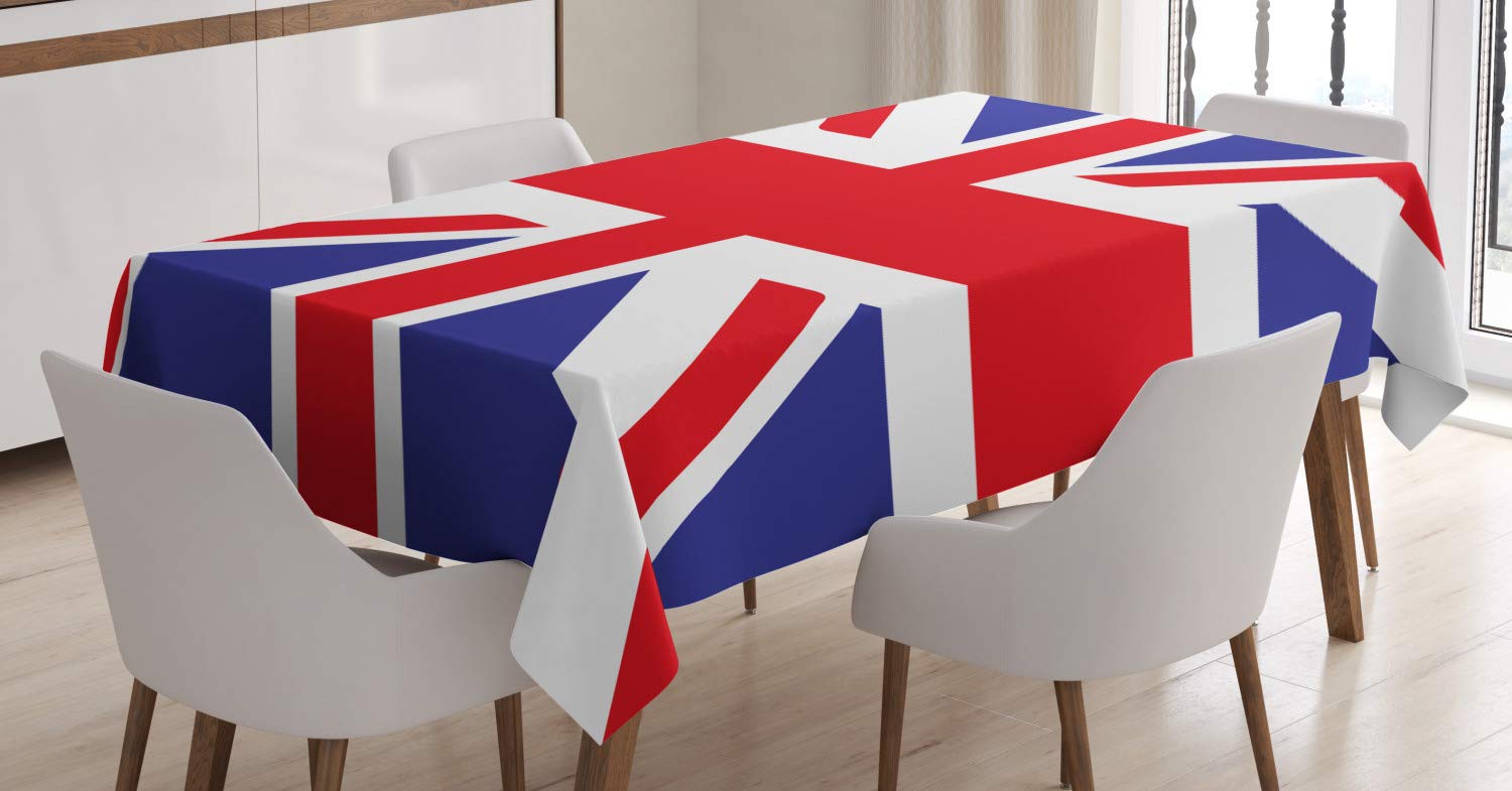 ABAKUHAUS Union Jack Tablecloth, British Loyal, Dining Room Kitchen Rectangular Table Cover, 54 W X 94 L, Royal Blue White