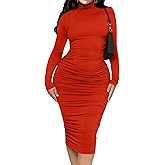 Ekaliy Women's Ruched Bodycon Midi Dress Mock Neck Long Sleeves Party Club Dresses